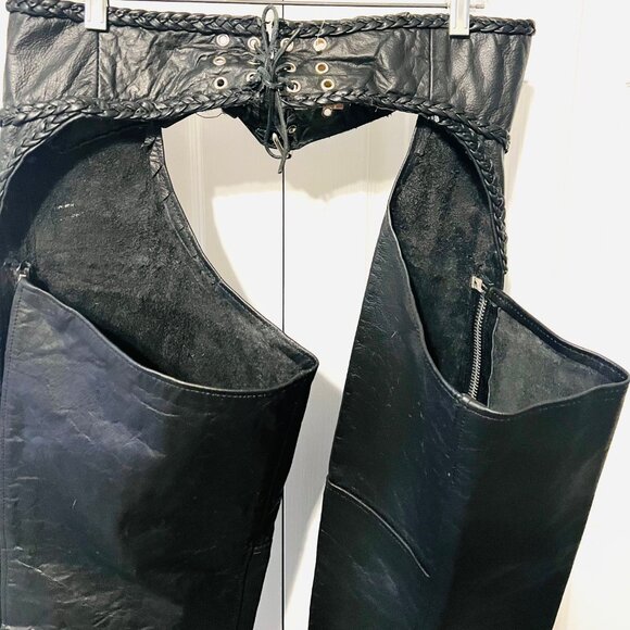 Hot Leathers Braided Black Leather Riding Chaps-Motorcycle-Large-Unhemmed-Unisex - Picture 9 of 16